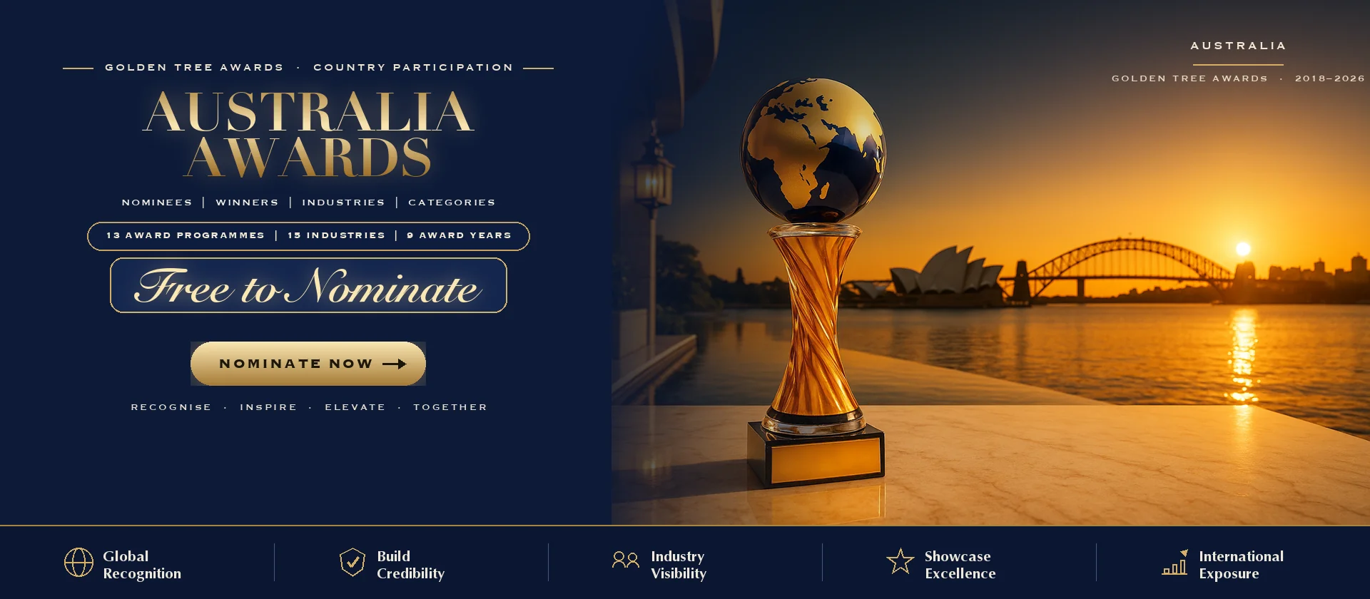 Golden Tree Awards trophy with the Australia skyline at sunset — free to nominate