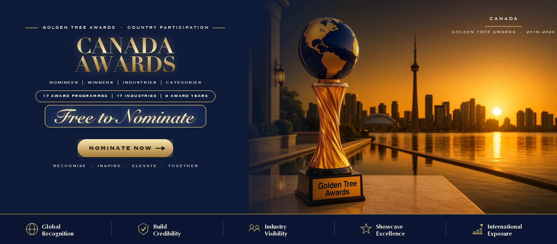 Golden Tree Awards trophy with the Canada skyline at sunset — free to nominate