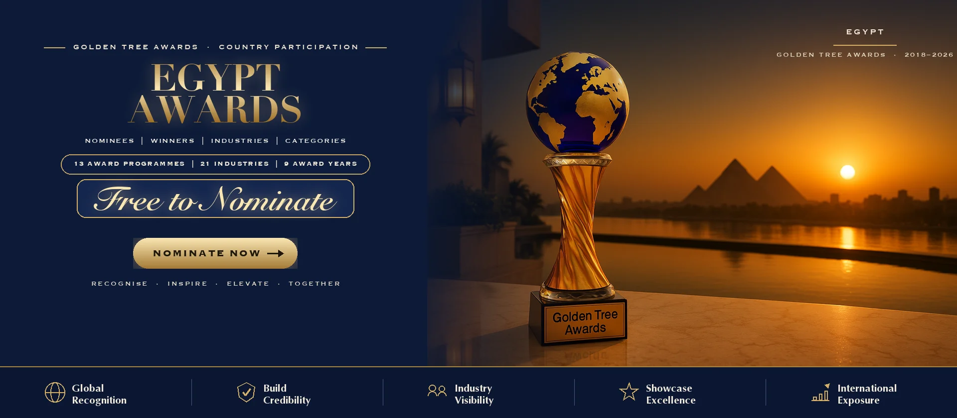 Golden Tree Awards trophy with the Egypt skyline at sunset — free to nominate
