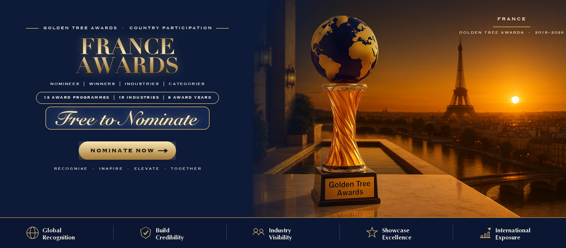 Golden Tree Awards trophy with the France skyline at sunset — free to nominate
