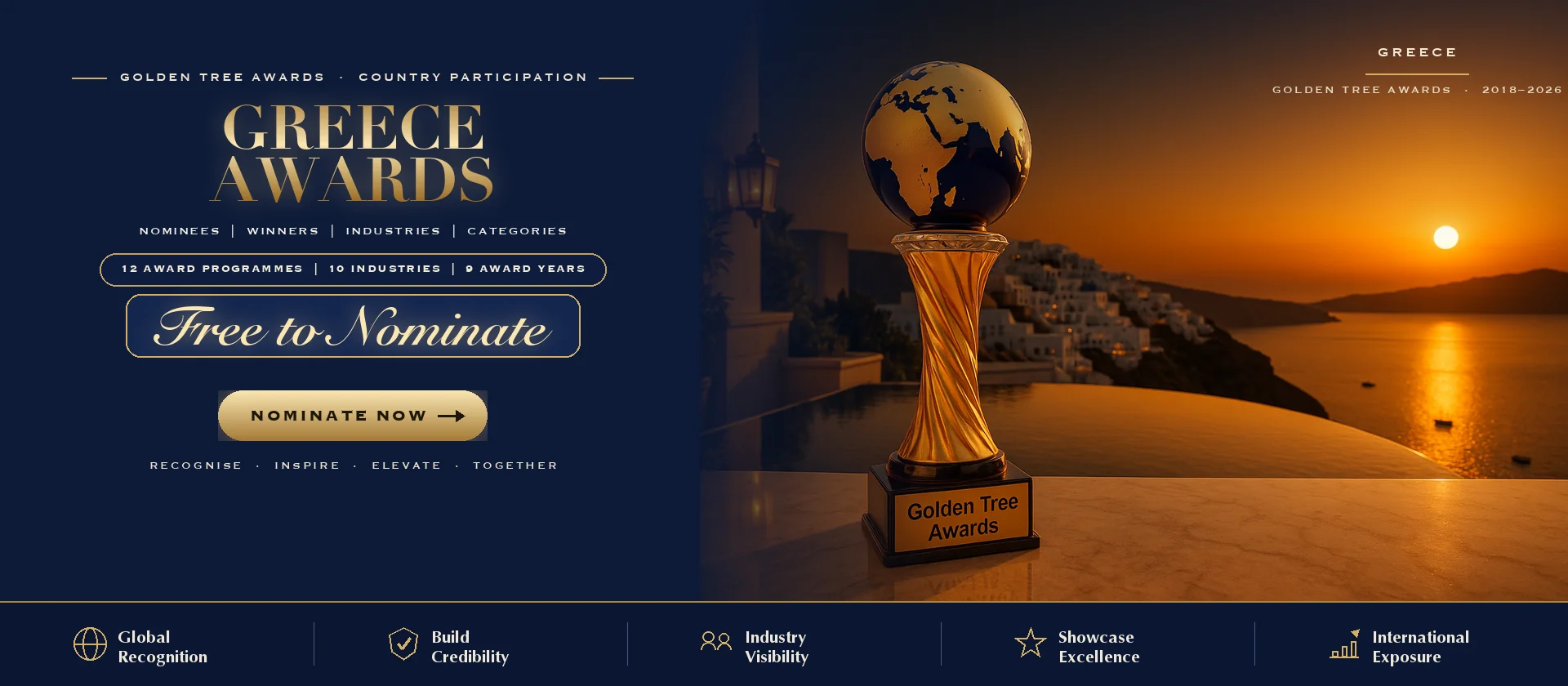 Golden Tree Awards trophy with the Greece skyline at sunset — free to nominate
