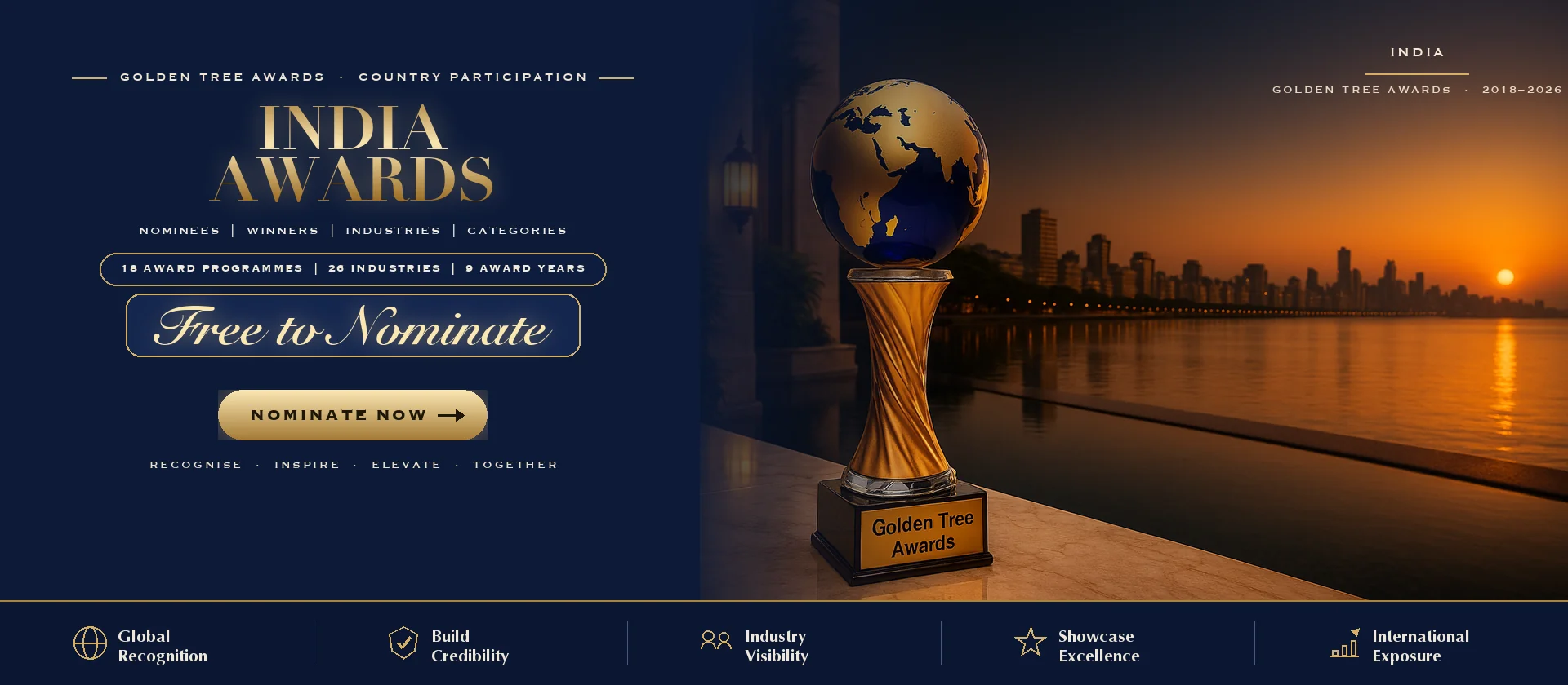 Golden Tree Awards trophy with the India skyline at sunset — free to nominate