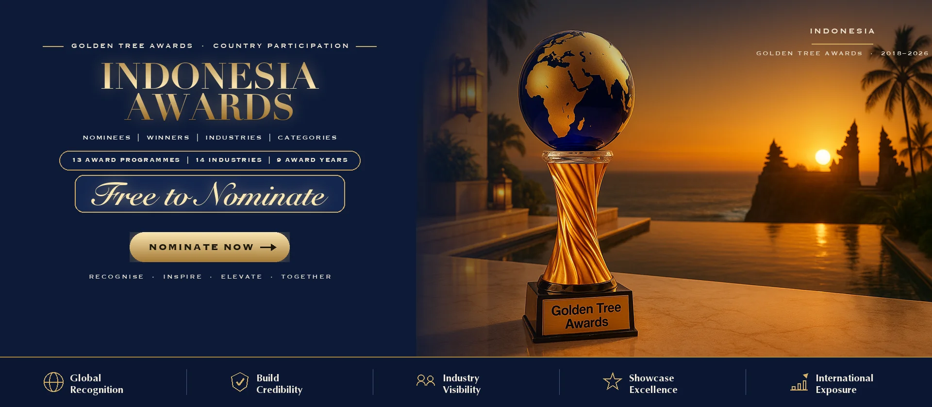 Golden Tree Awards trophy with the Indonesia skyline at sunset — free to nominate