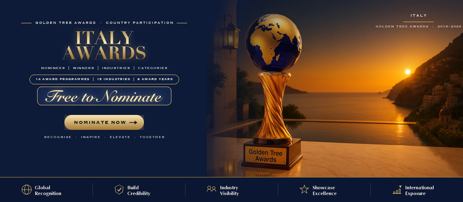 Golden Tree Awards trophy with the Italy skyline at sunset — free to nominate