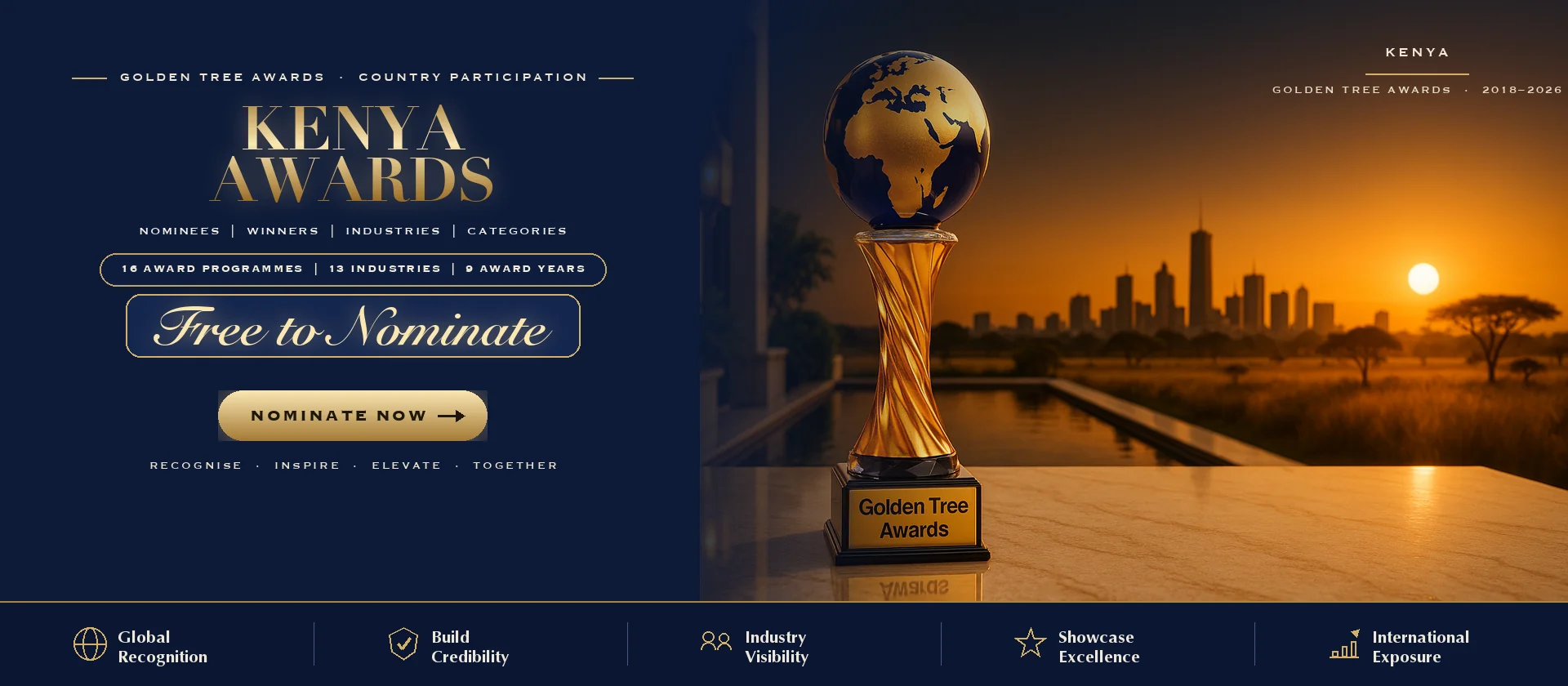 Golden Tree Awards trophy with the Kenya skyline at sunset — free to nominate