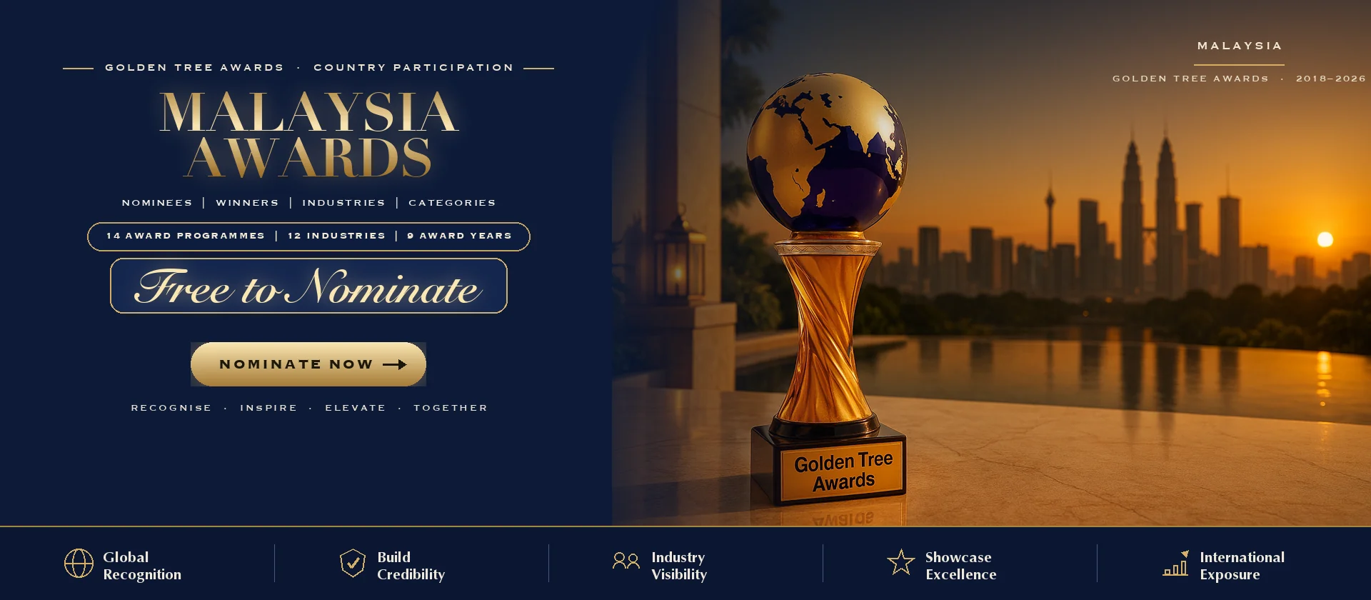 Golden Tree Awards trophy with the Malaysia skyline at sunset — free to nominate