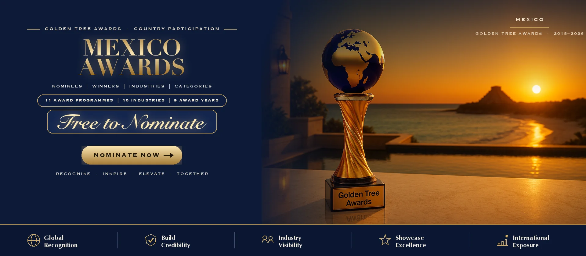 Golden Tree Awards trophy with the Mexico skyline at sunset — free to nominate