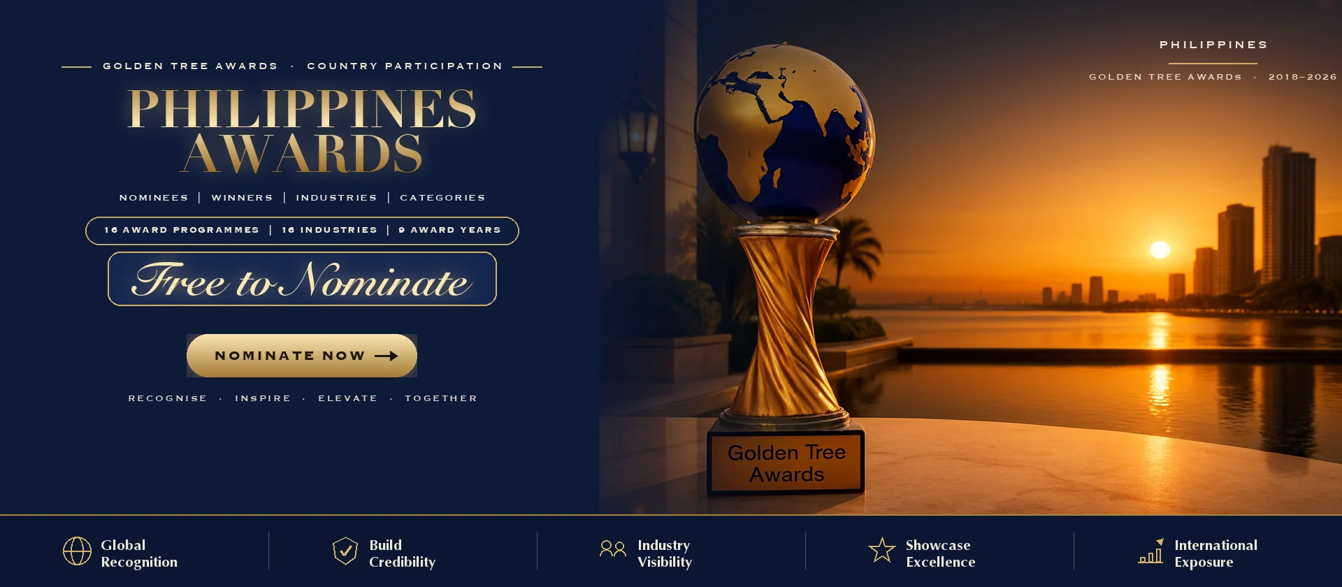 Golden Tree Awards trophy with the Philippines skyline at sunset — free to nominate