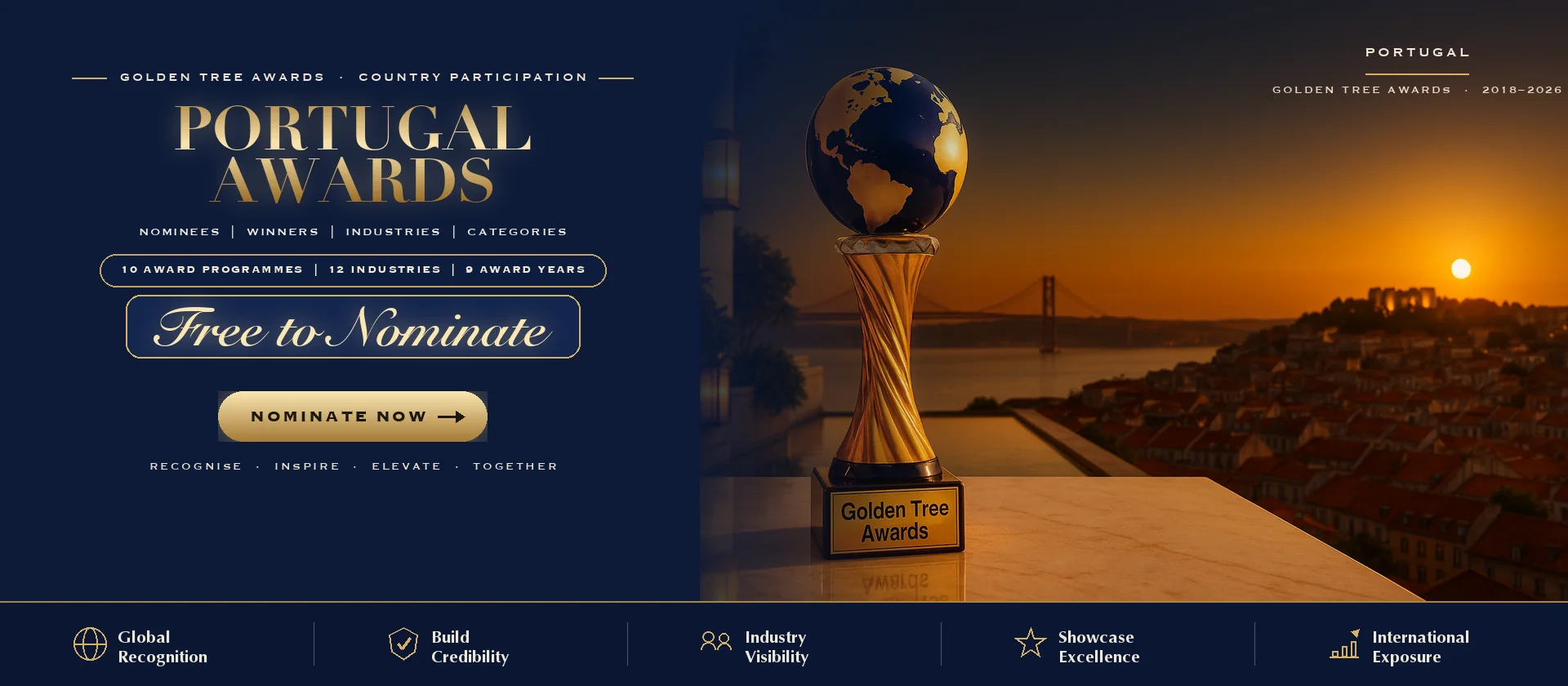 Golden Tree Awards trophy with the Portugal skyline at sunset — free to nominate