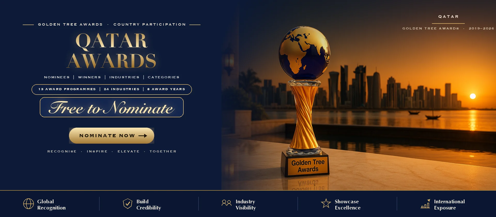 Golden Tree Awards trophy with the Qatar skyline at sunset — free to nominate