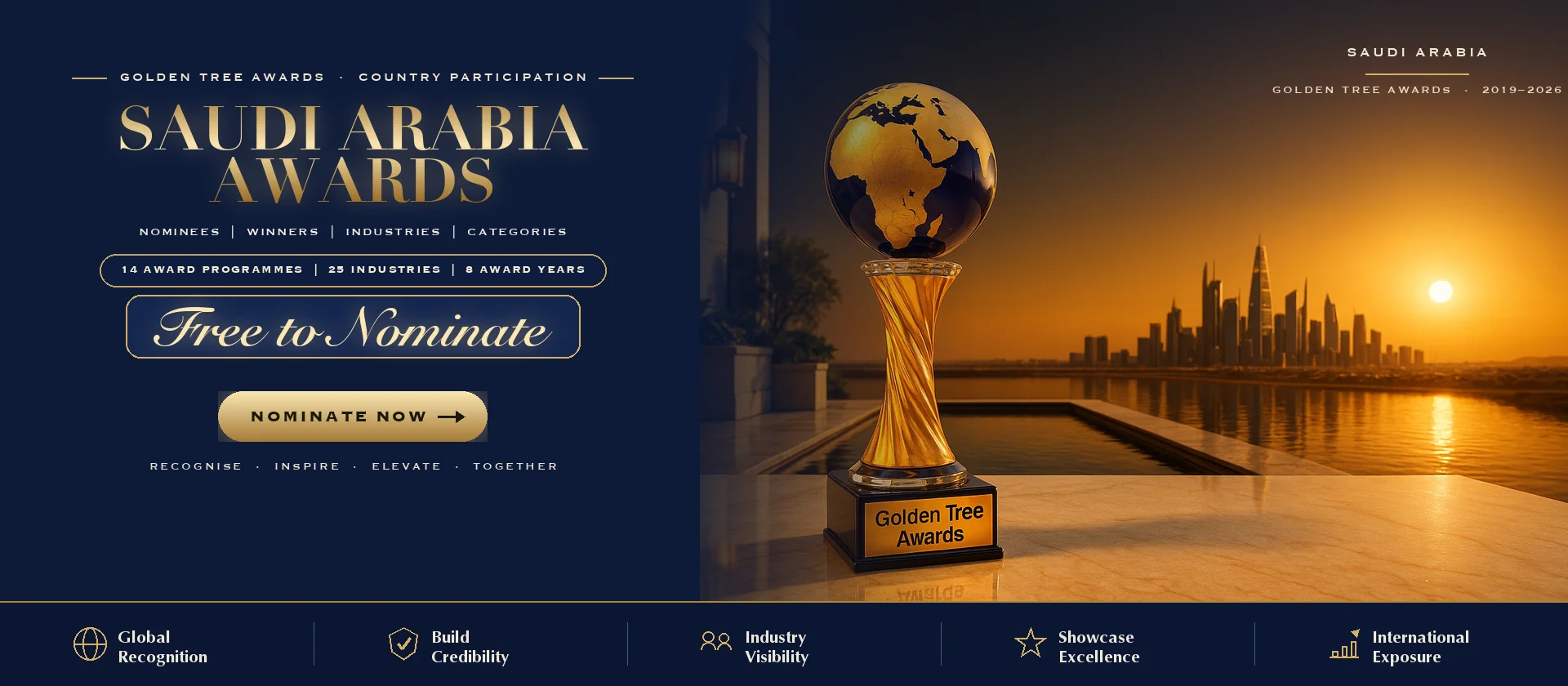 Golden Tree Awards trophy with the Saudi Arabia skyline at sunset — free to nominate