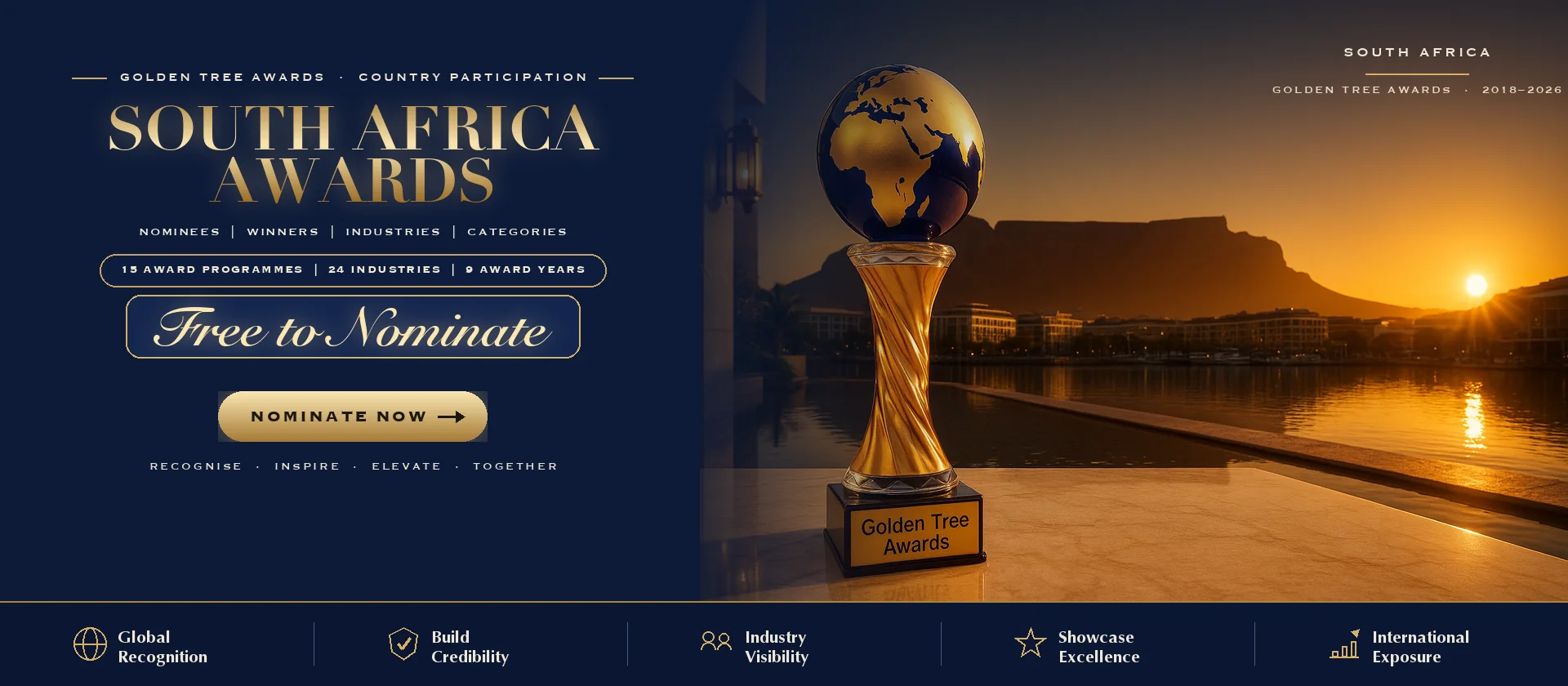 Golden Tree Awards trophy with the South Africa skyline at sunset — free to nominate