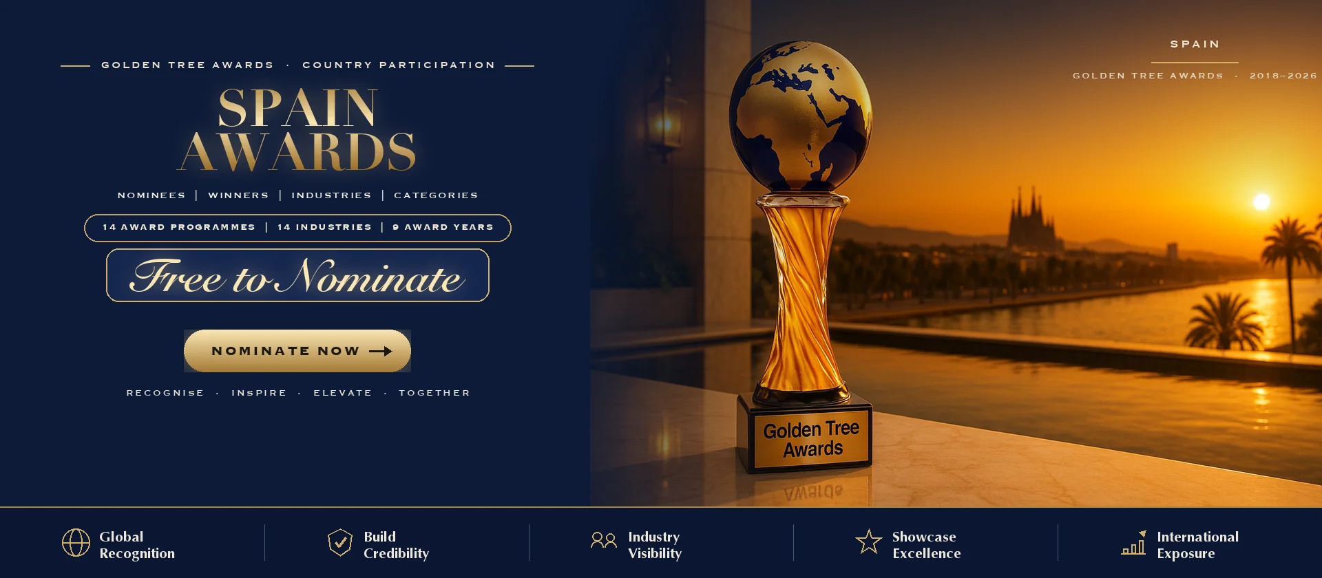 Golden Tree Awards trophy with the Spain skyline at sunset — free to nominate