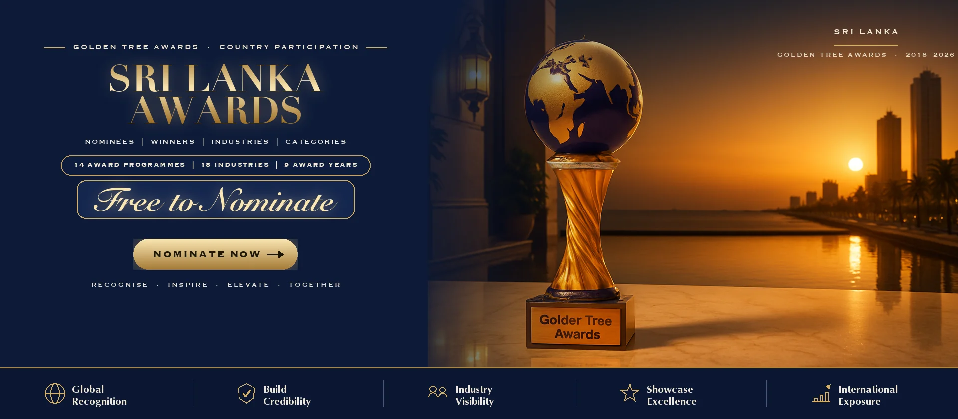 Golden Tree Awards trophy with the Sri Lanka skyline at sunset — free to nominate