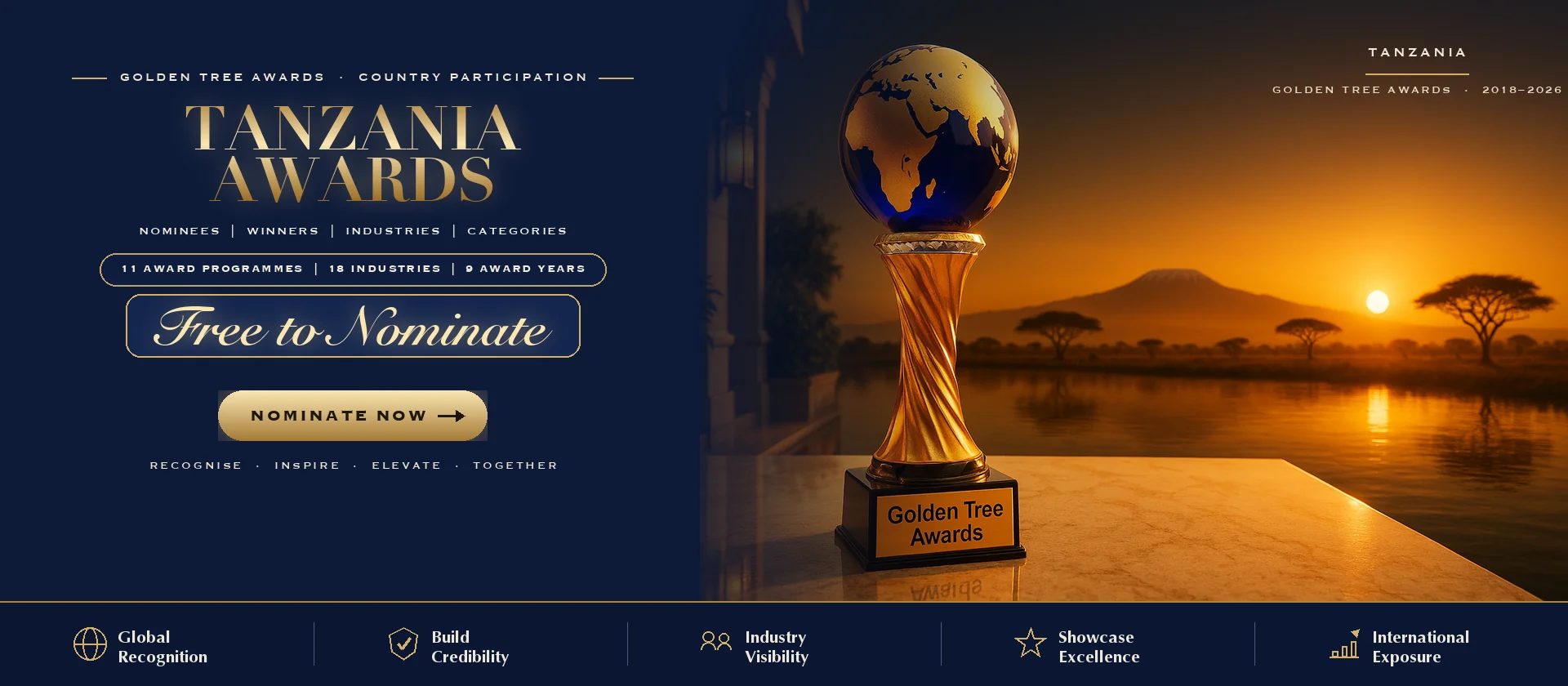 Golden Tree Awards trophy with the Tanzania skyline at sunset — free to nominate