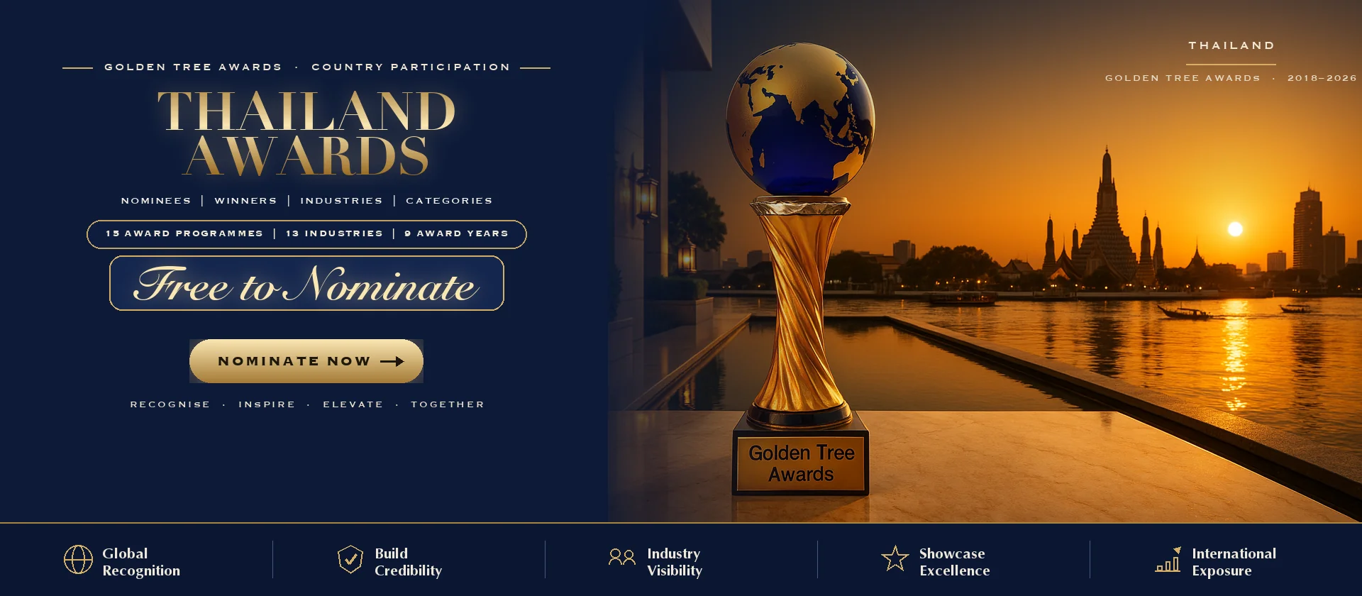 Golden Tree Awards trophy with the Thailand skyline at sunset — free to nominate