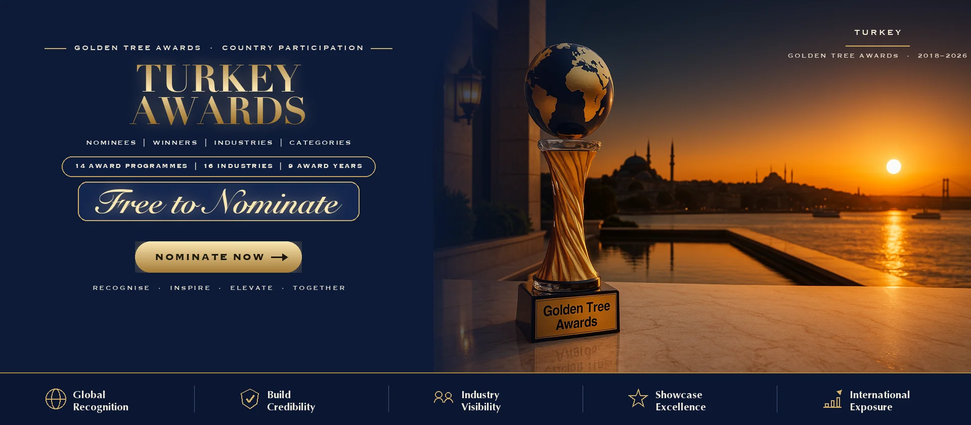Golden Tree Awards trophy with the Turkey skyline at sunset — free to nominate