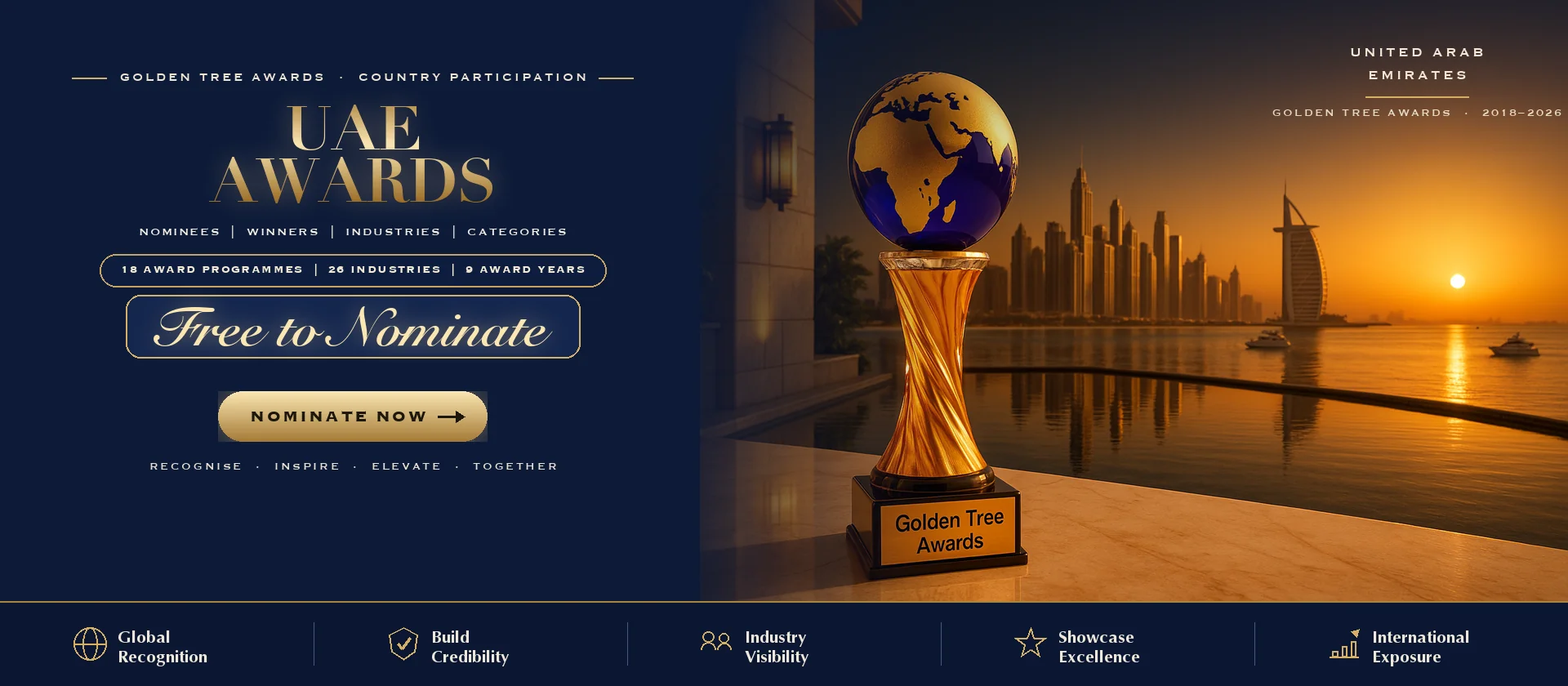 Golden Tree Awards trophy with the UAE skyline at sunset — free to nominate