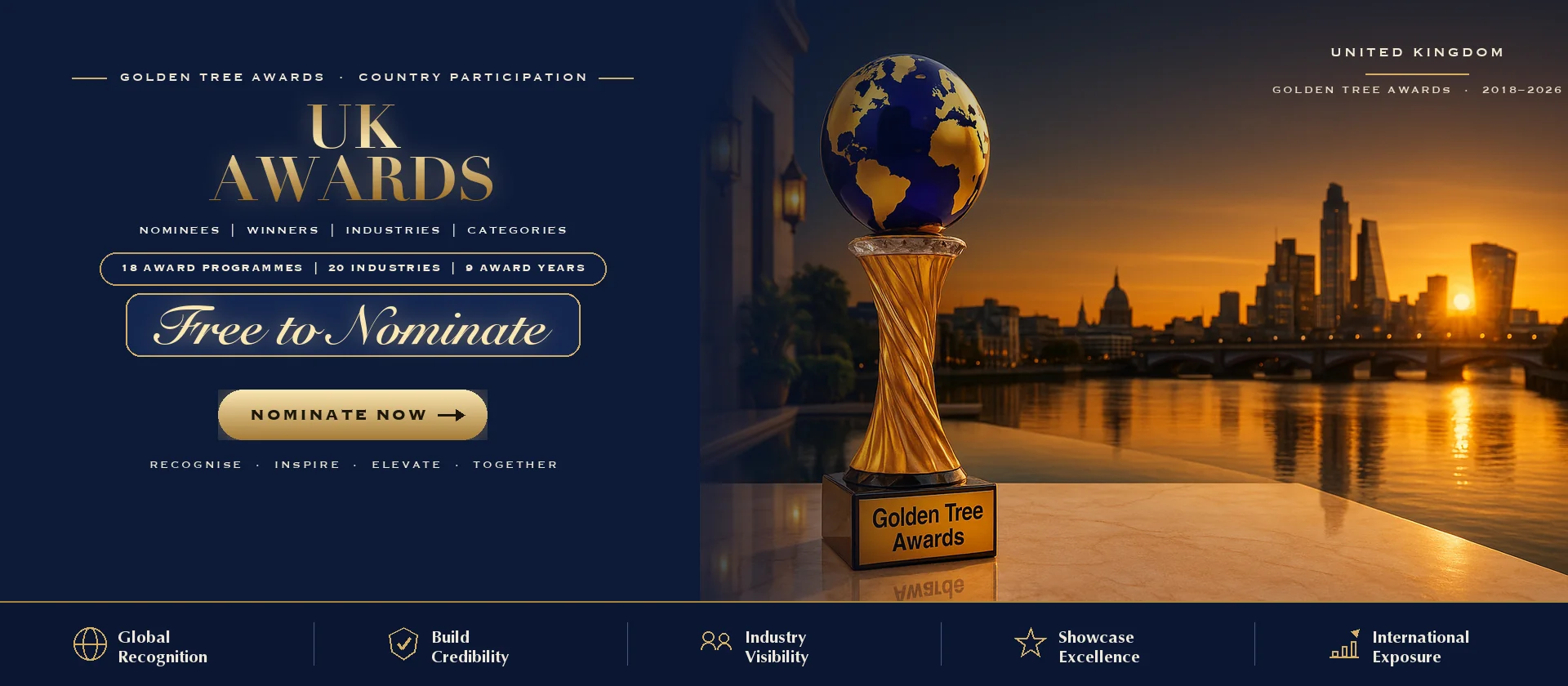 Golden Tree Awards trophy with the UK skyline at sunset — free to nominate