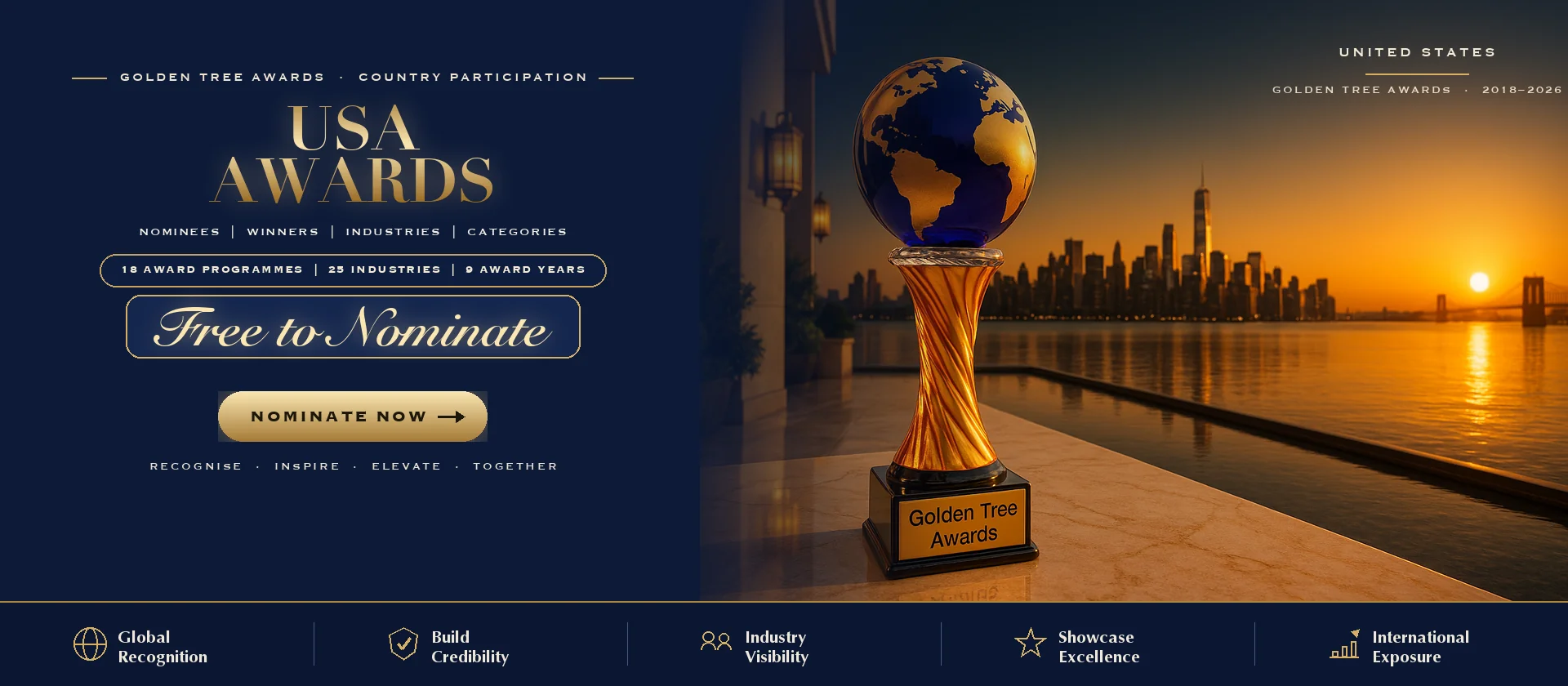 Golden Tree Awards trophy with the USA skyline at sunset — free to nominate