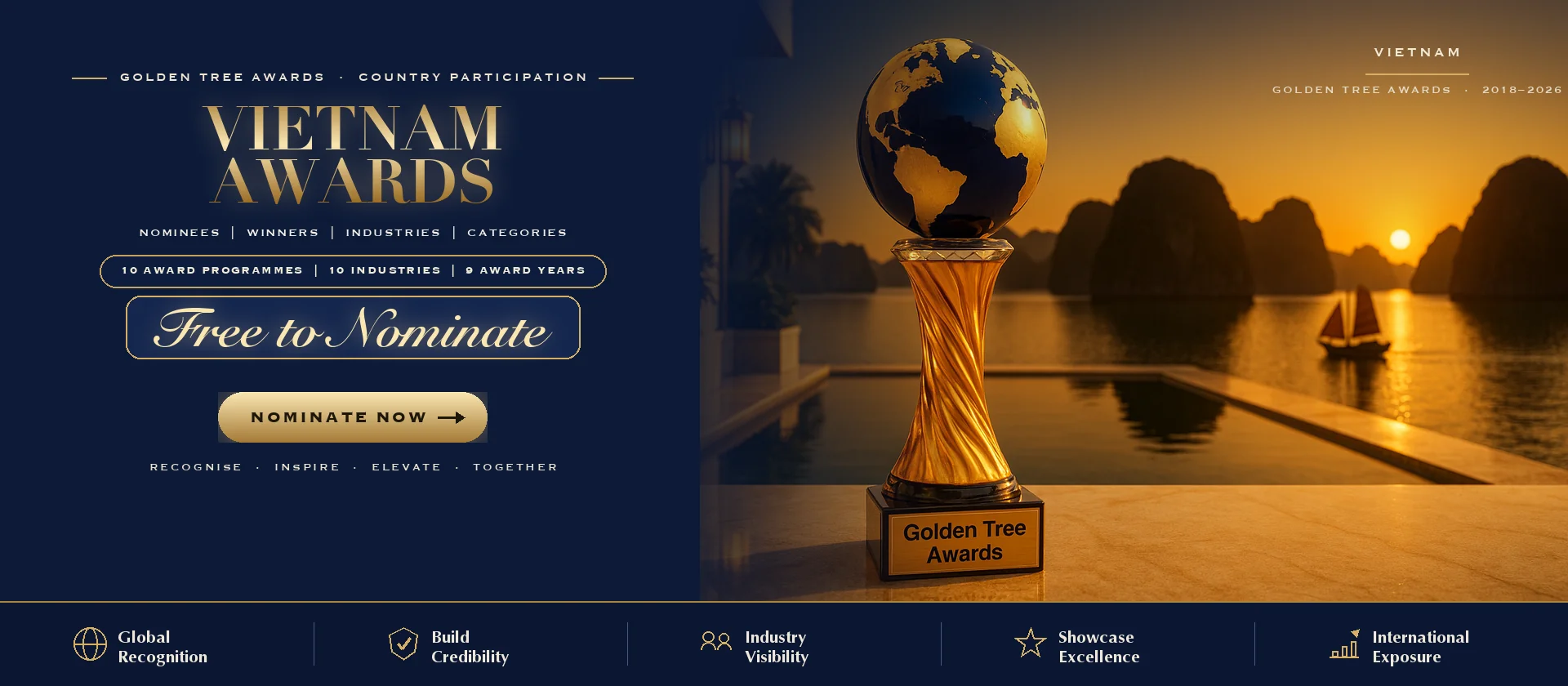 Golden Tree Awards trophy with the Vietnam skyline at sunset — free to nominate